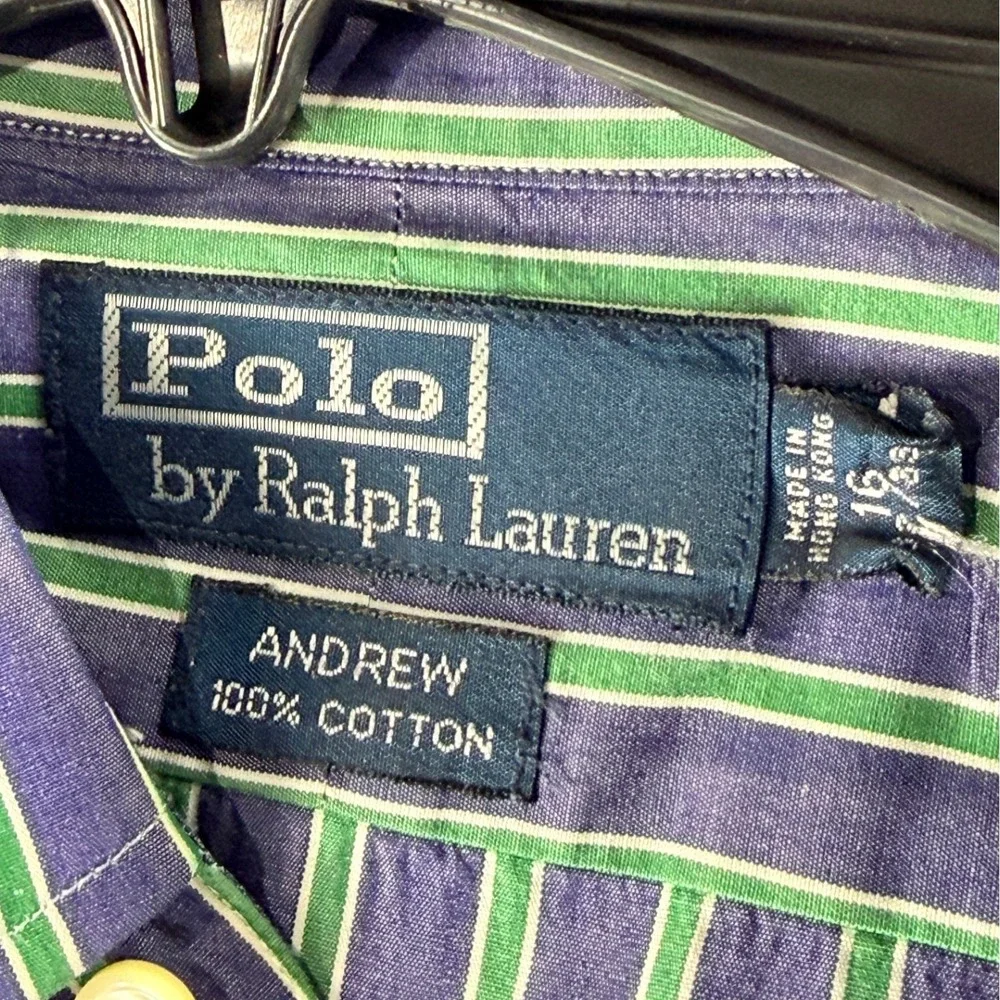 Polo Ralph Lauren Andrew Shirt Mens 16 32/33 Blue Green Striped Cotton Button Up